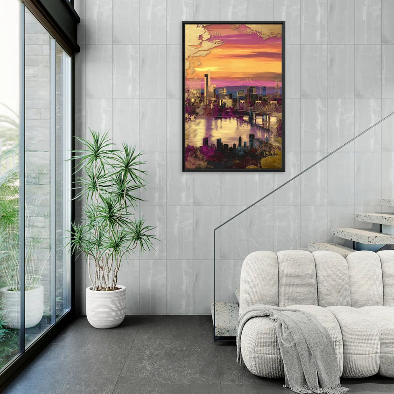 Portland Skyline Sunset - Living Room Black Frame Canvas