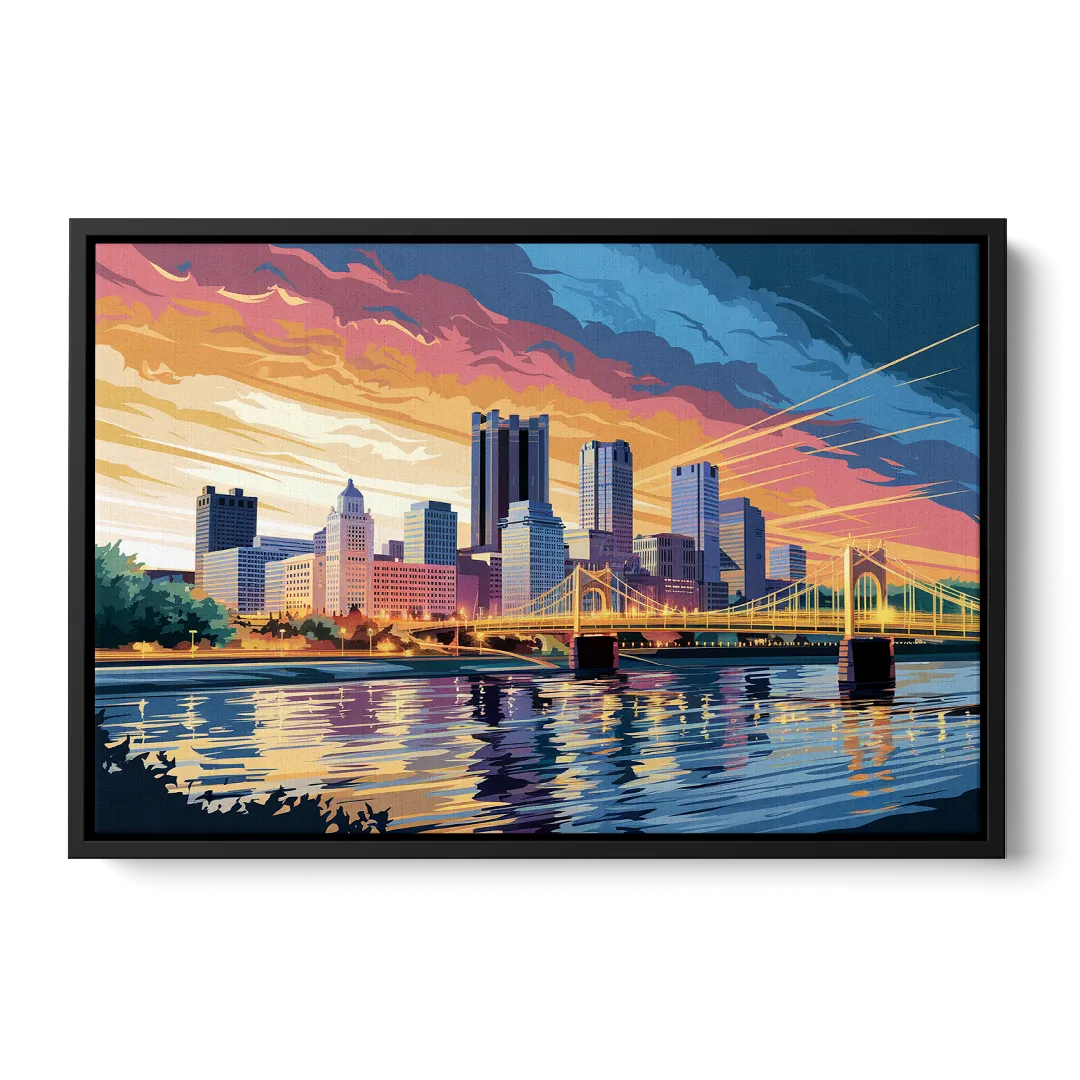 Pittsburgh Skyline At Sunset - Black Frame Canvas