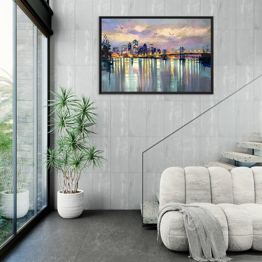 Portland Waterfront Reflection - Living Room Black Frame Canvas