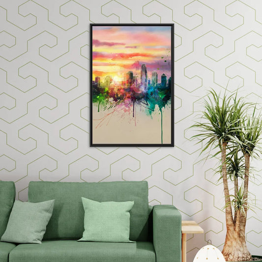 Charlotte Skyline at Sunset - Living Room Black Frame Canvas