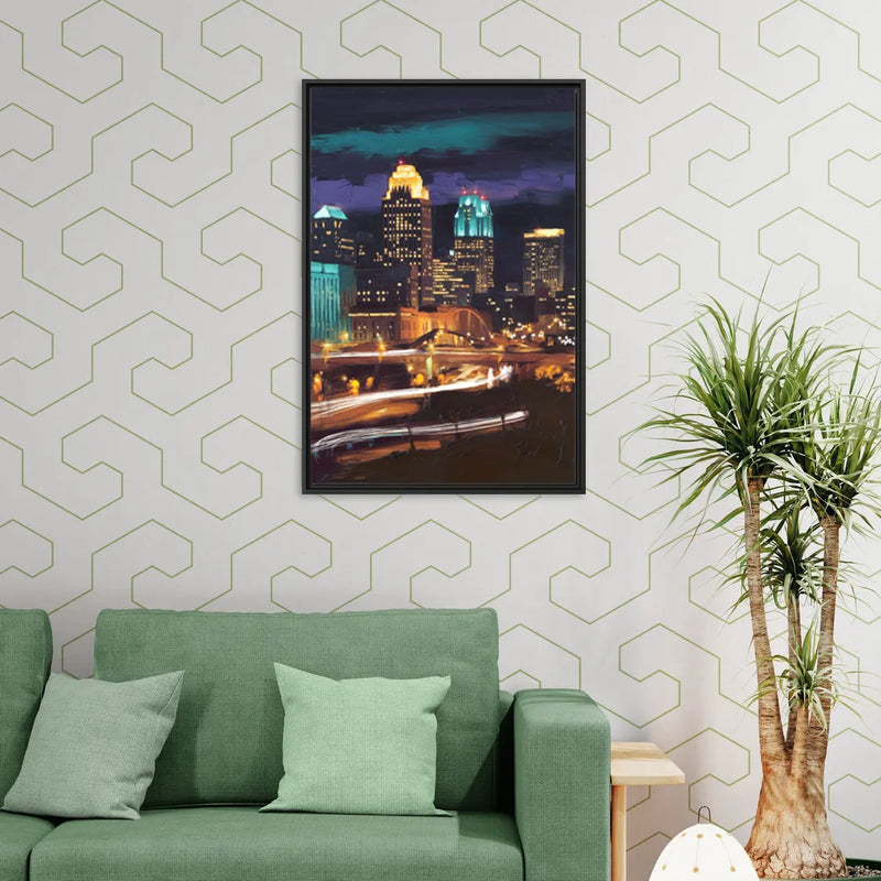 Kansas City Nighttime Skyline - Living Room Black Frame Canvas