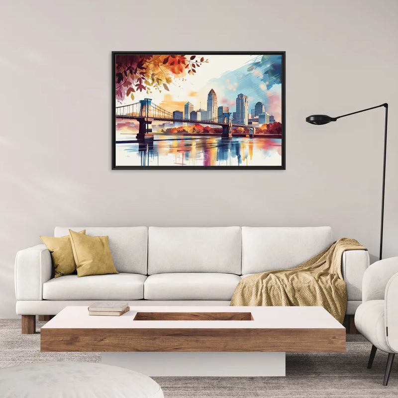 Cincinnati Skyline In Autumn - Living Room Black Frame Canvas