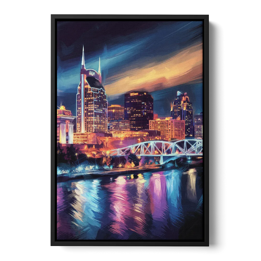 Nashville Bright Lights Skyline - Black Frame Canvas