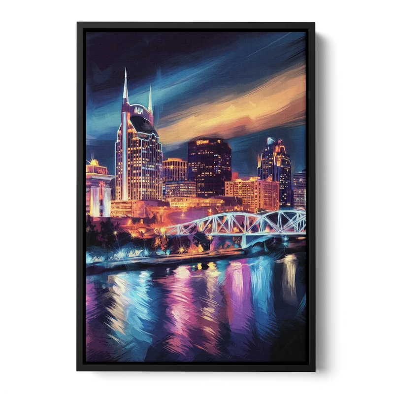 Nashville Bright Lights Skyline - Black Frame Canvas