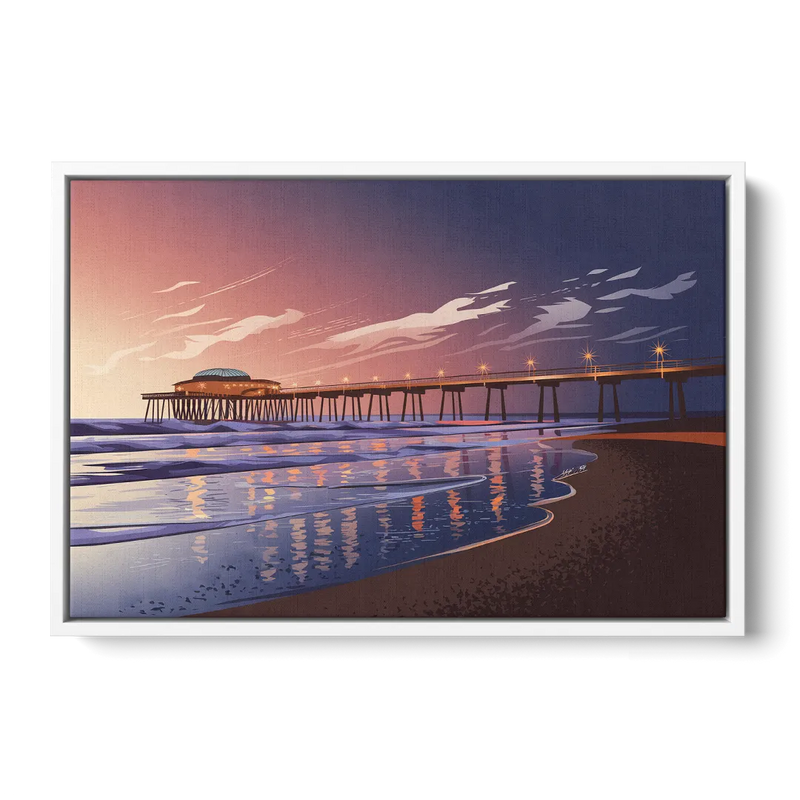 Huntington Beach Pier At Twilight - White Frame Canvas