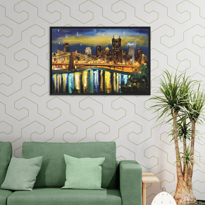 Pittsburgh Skyline With Rivers - Living Room Black Frame Canvas