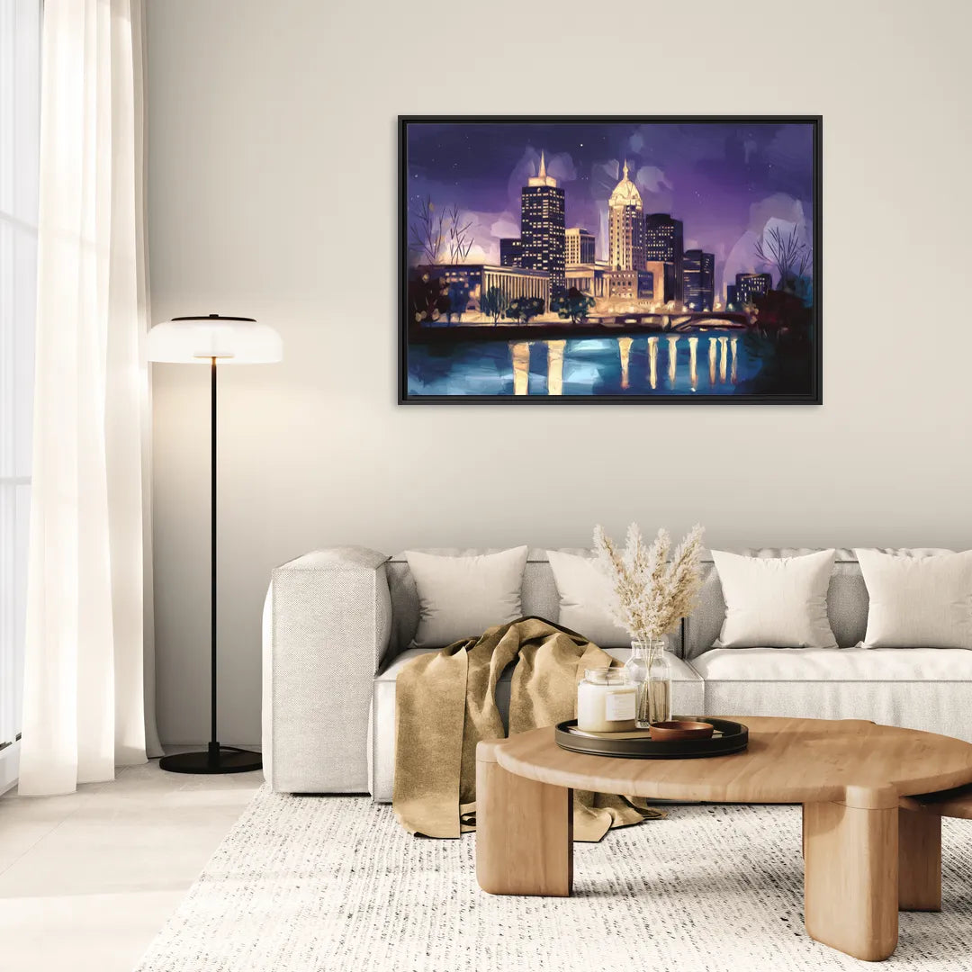 Indianapolis Nighttime Skyline - Living Room Black Frame Canvas