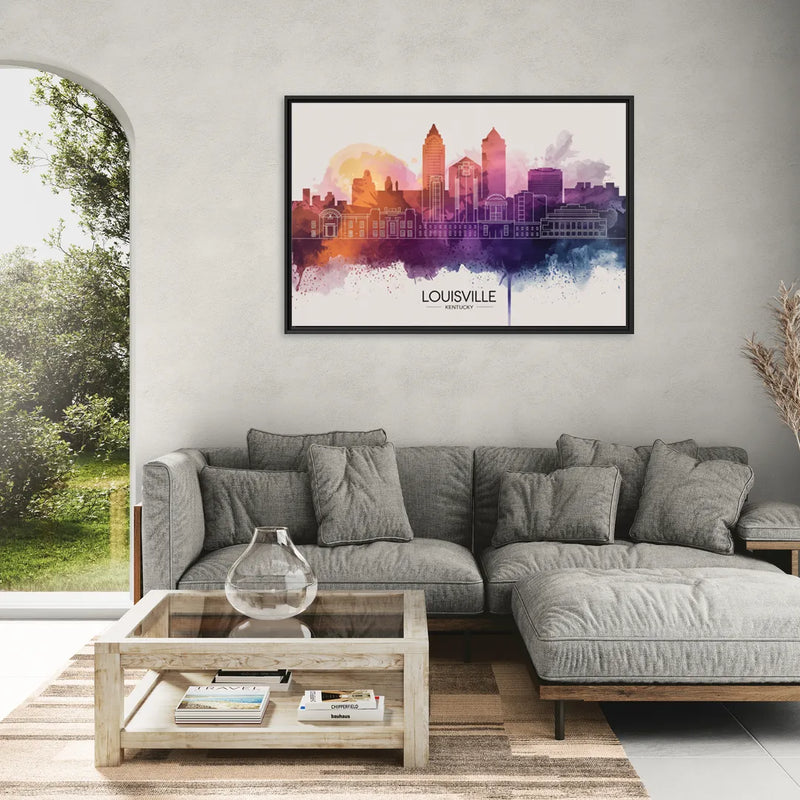Louisville Sunset Over Skyline - Living Room Black Frame Canvas
