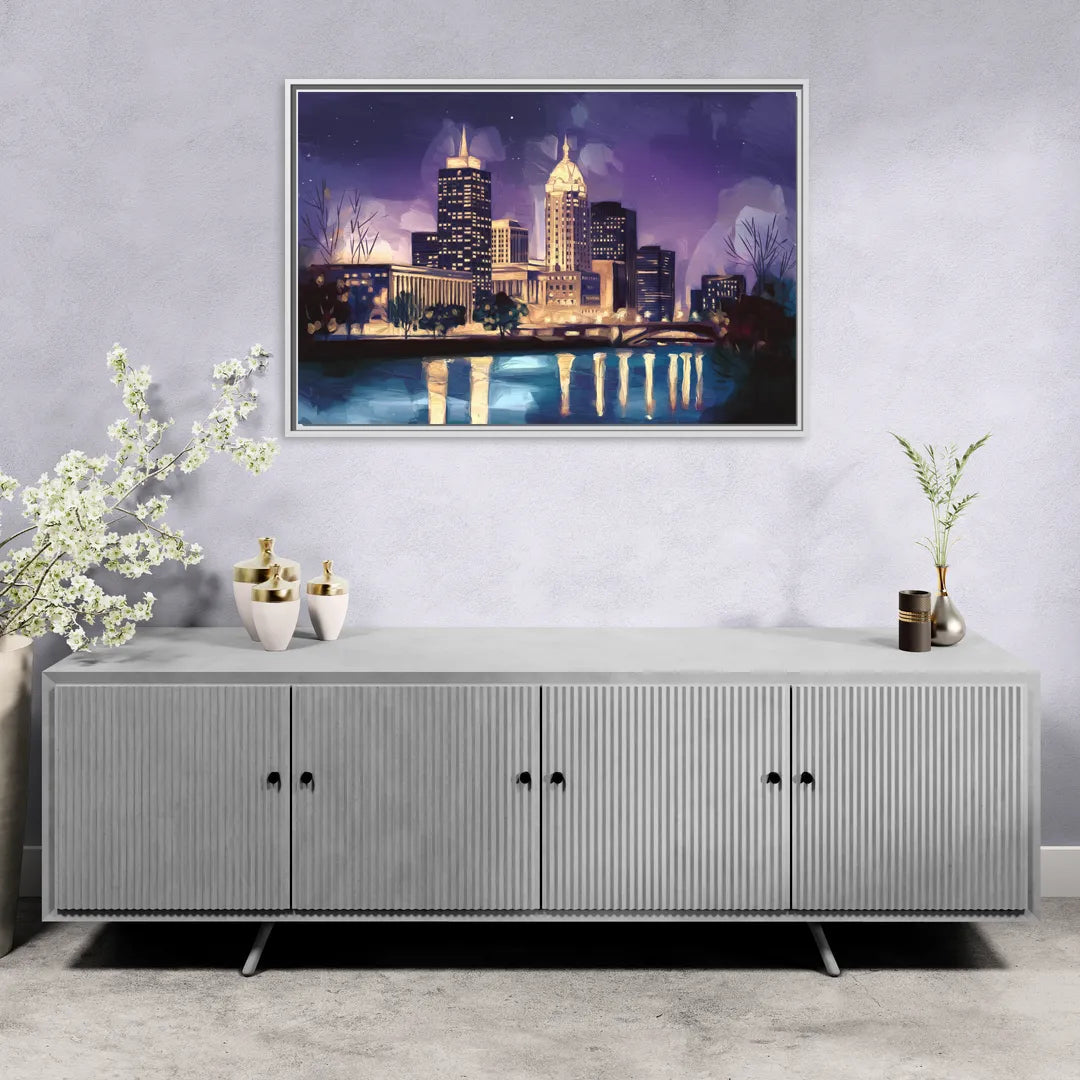 Indianapolis Nighttime Skyline - Living Room White Frame Canvas