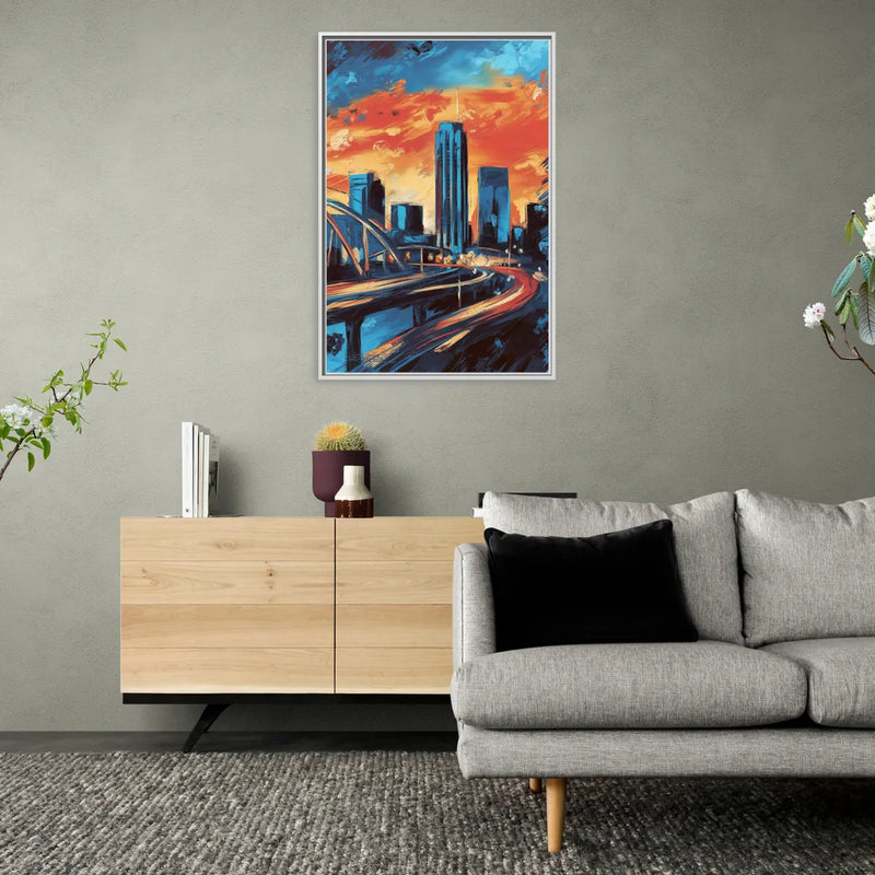 Oklahoma City Thunder Skyline - Living Room White Frame Canvas