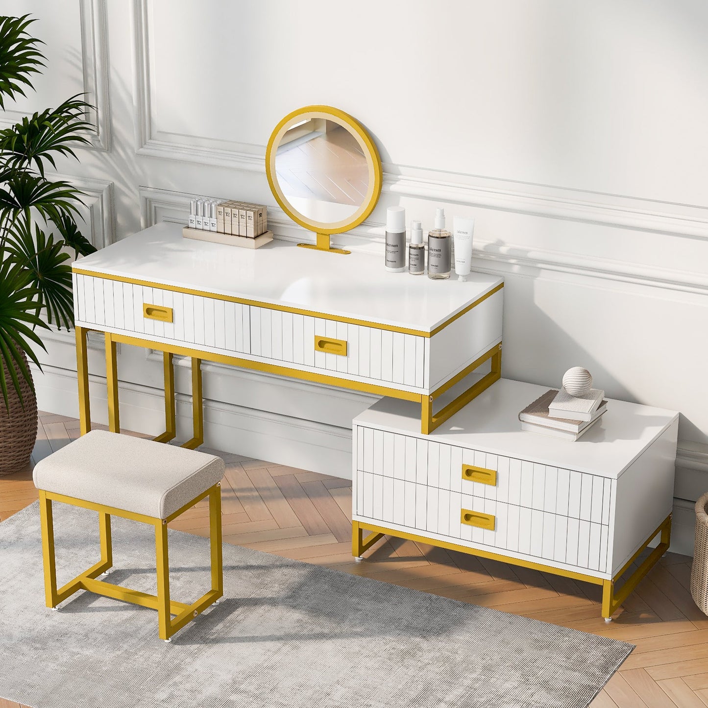 Elegant 4-Drawer Vanity Table with Side Cabinet – Modern Home Decor