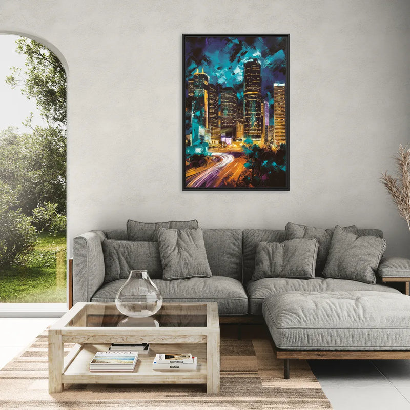 Houston Urban Nights - Living Room Black Frame Canvas