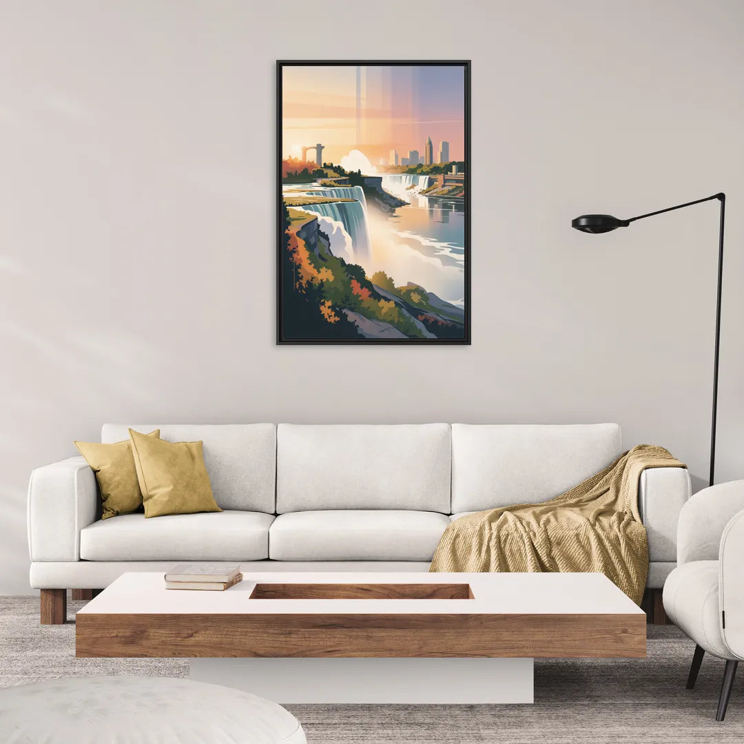 Niagara Falls at Sunset - Living Room Black Frame Canvas