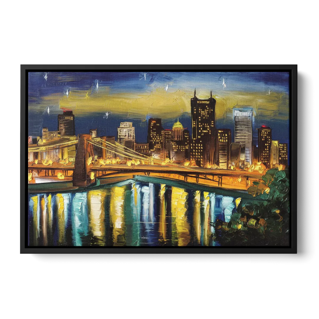 Pittsburgh Skyline With Rivers - Black Frame Canvas