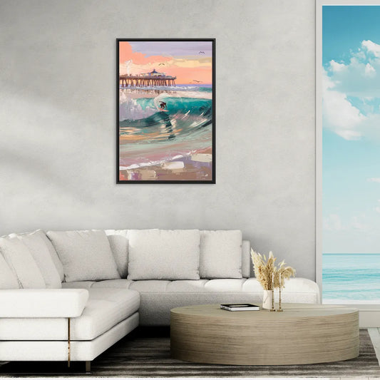 Huntington Beach Surfing Scene - Living Room Black Frame Canvas