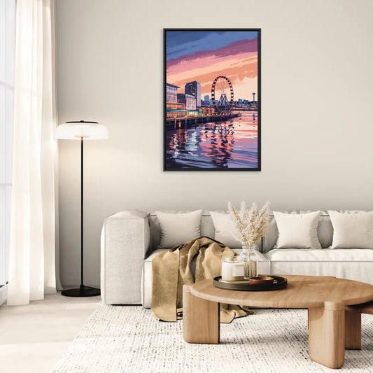 Seattle Waterfront Scene - Living Room Black Frame Canvas