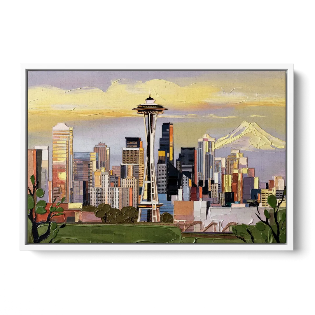 Seattle Downtown Skyline - White Frame Canvas