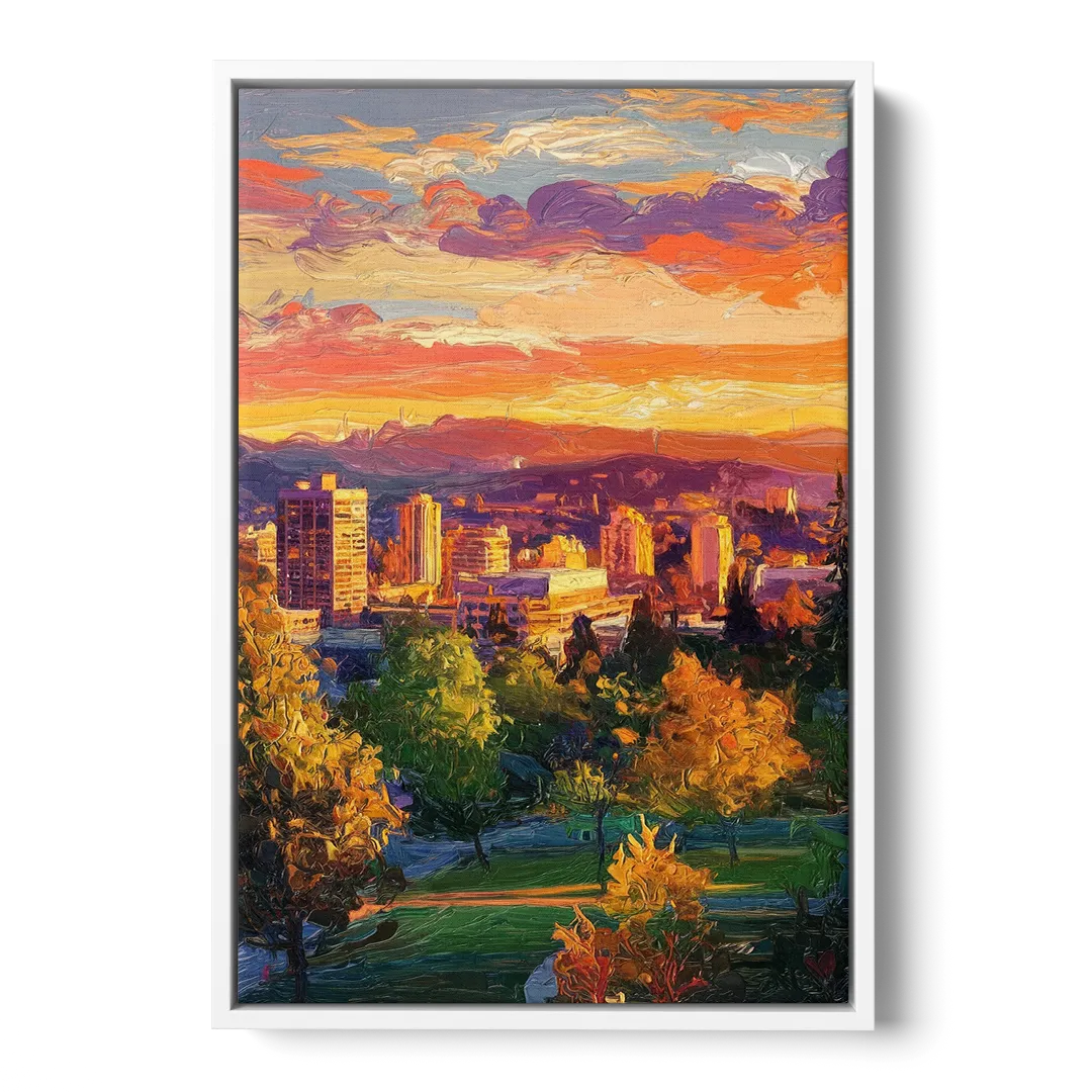 Eugene Skyline at Sunset - White Frame Canvas