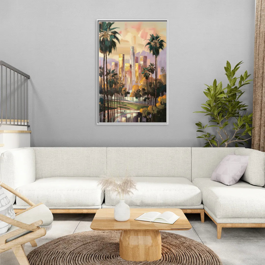 Los Angeles Palm Trees and Skyscrapers - Living Room White Frame Canvas