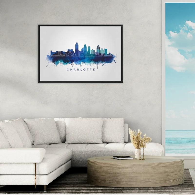 Charlotte Skyline With Blue Tones - Living Room Black Frame Canvas