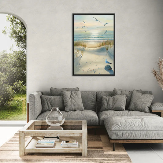 Virginia Beach Seagulls in Flight - Living Room Black Frame Canvas