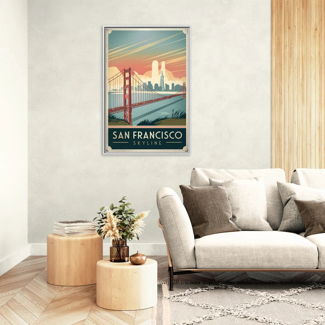 San Francisco Golden Gate Bridge Skyline - Living Room White Frame Canvas