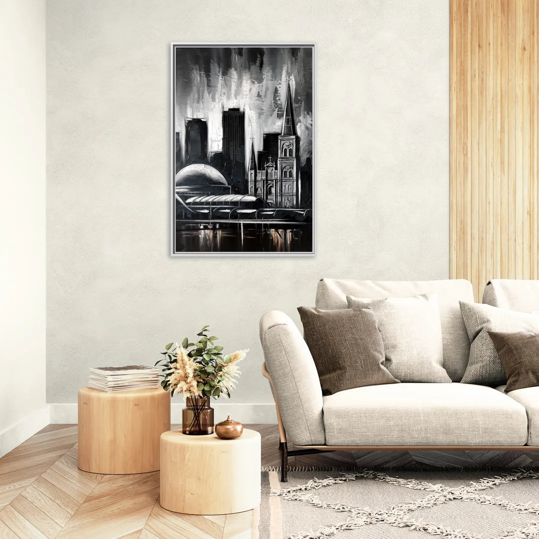 New Orleans Black and White Skyline - Living Room White Frame Canvas