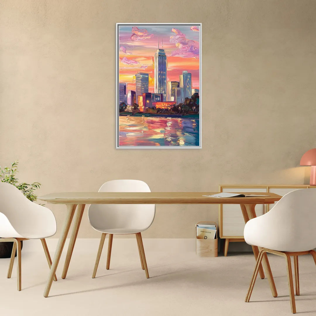 Oklahoma City Downtown Sunset - Living Room White Frame Canvas