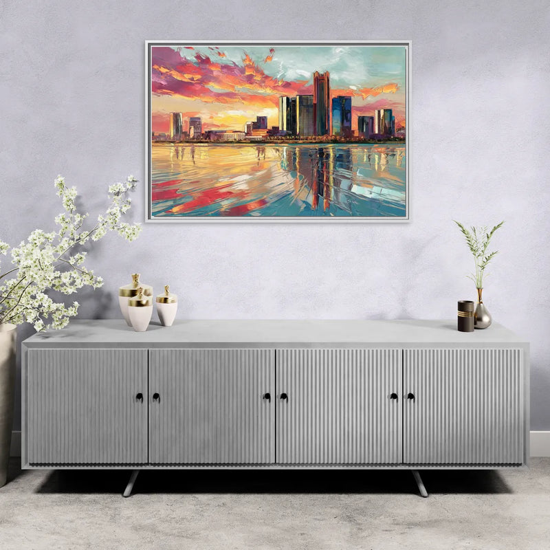 Detroit Skyline At Sunset - Living Room White Frame Canvas