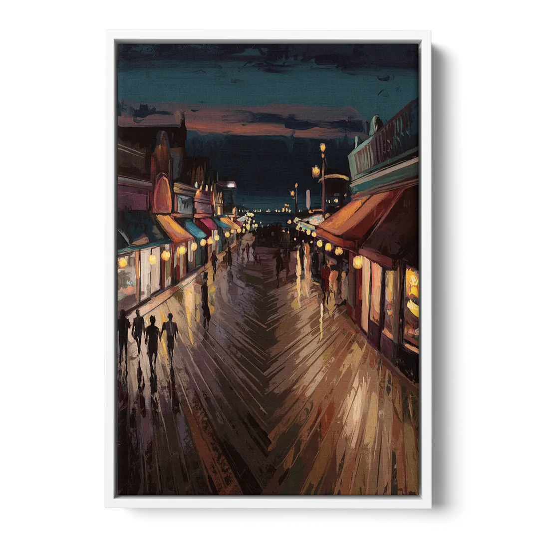 Jersey City Boardwalk Scene - White Frame Canvas