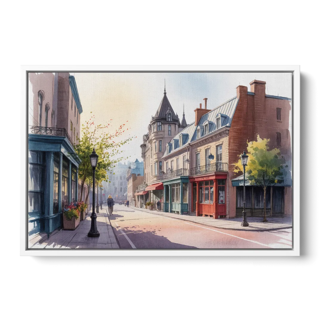 Quebec City Old Streets - White Frame Canvas