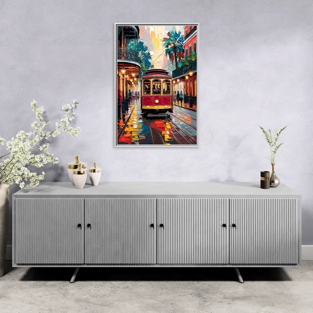 New Orleans Trolley Car Journey - Living Room White Frame Canvas