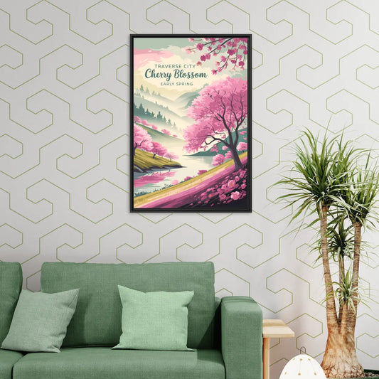 Traverse City Cherry Blossom Landscape - Living Room Black Frame Canvas