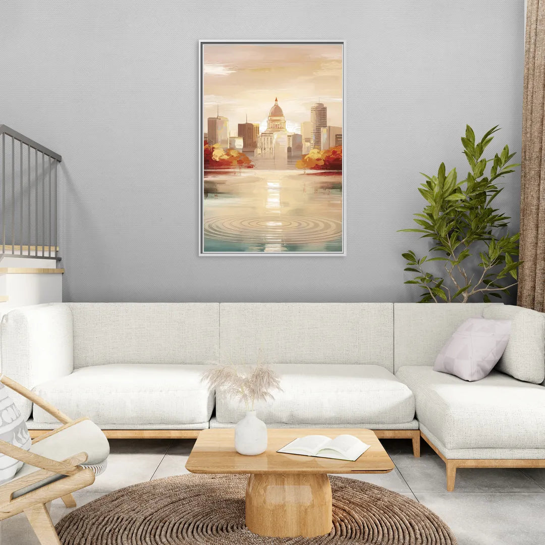 Madison Sunrise Over Downtown - Living Room White Frame Canvas