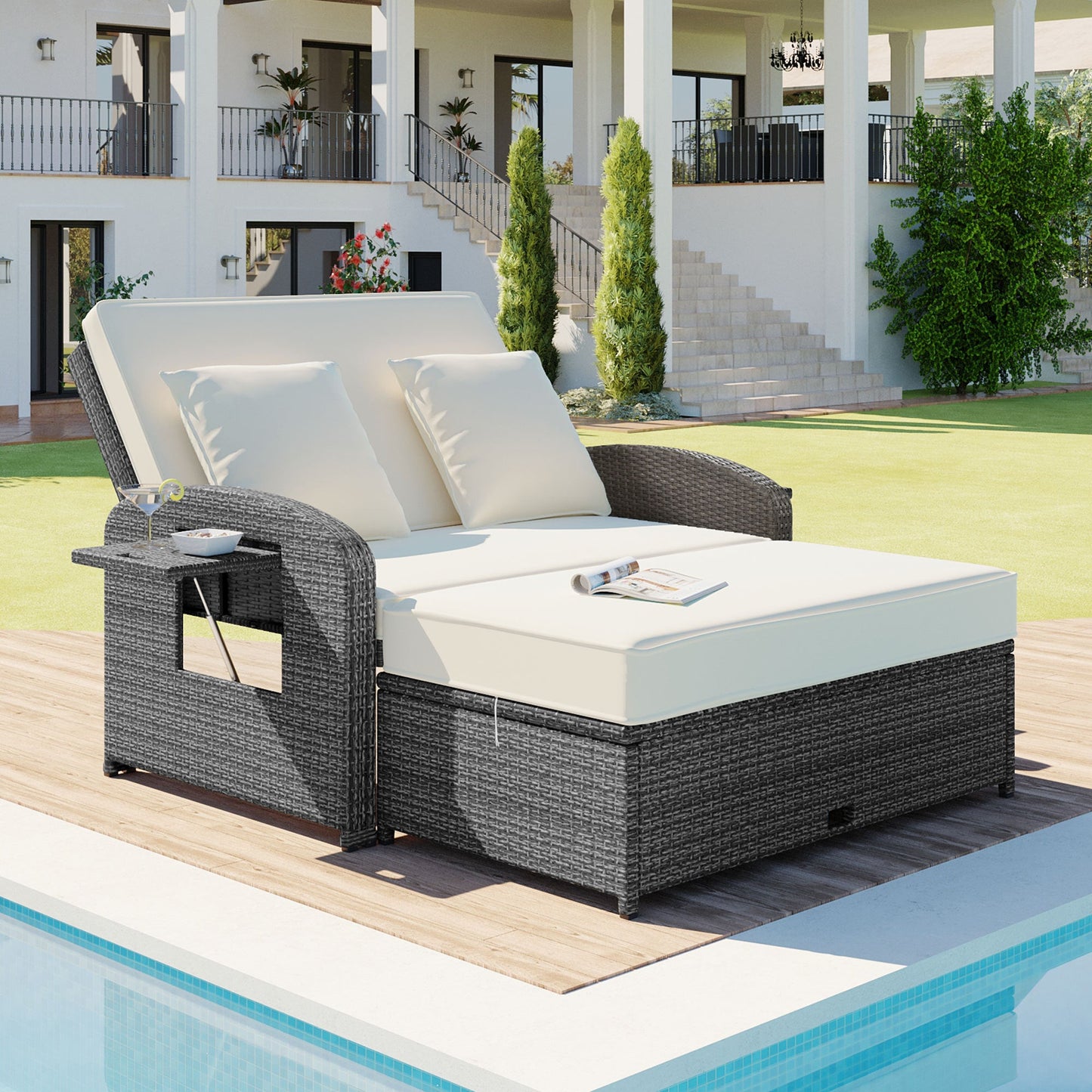 Elegant PE Wicker Double Chaise Lounge - 2-Person Patio Daybed with Recliner