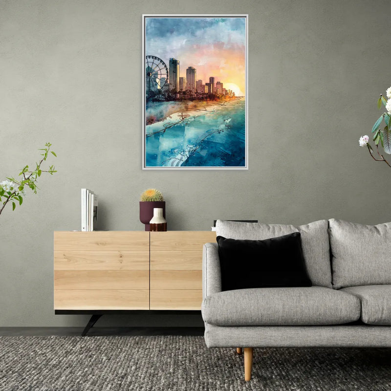 Myrtle Beach Coastal Skyline - Living Room White Frame Canvas