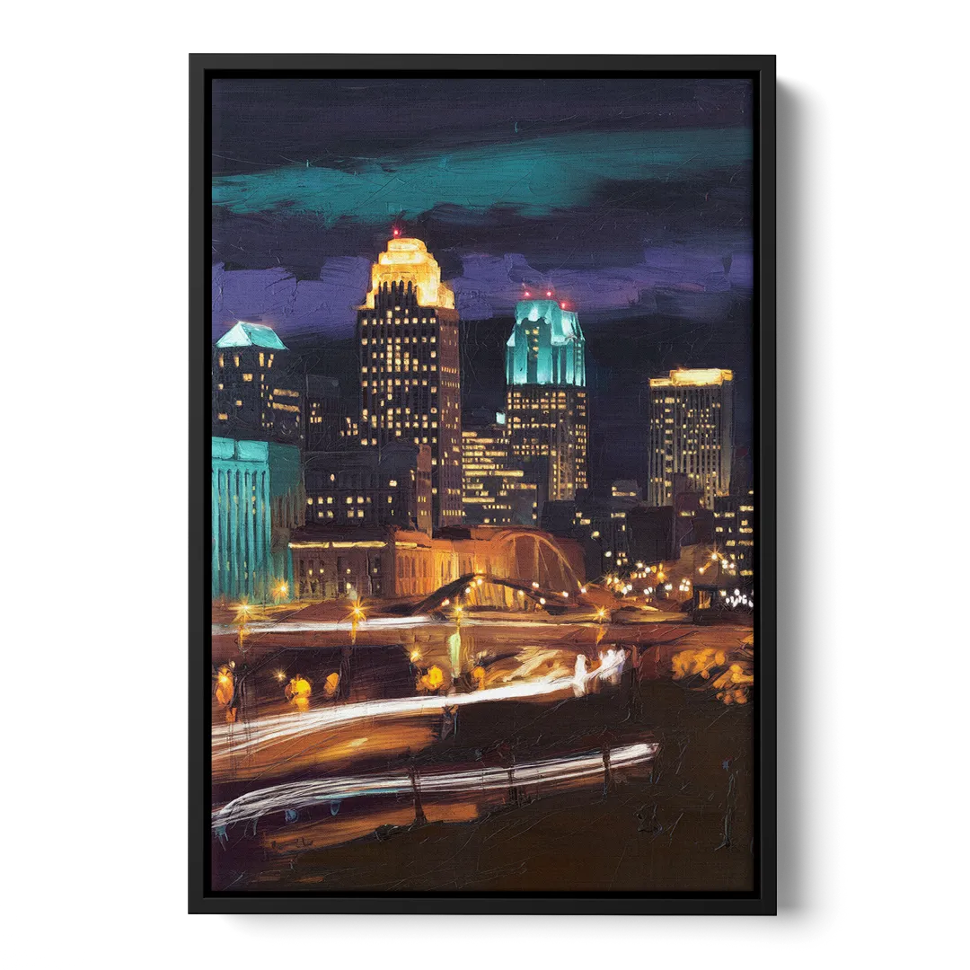 Kansas City Nighttime Skyline - Black Frame Canvas