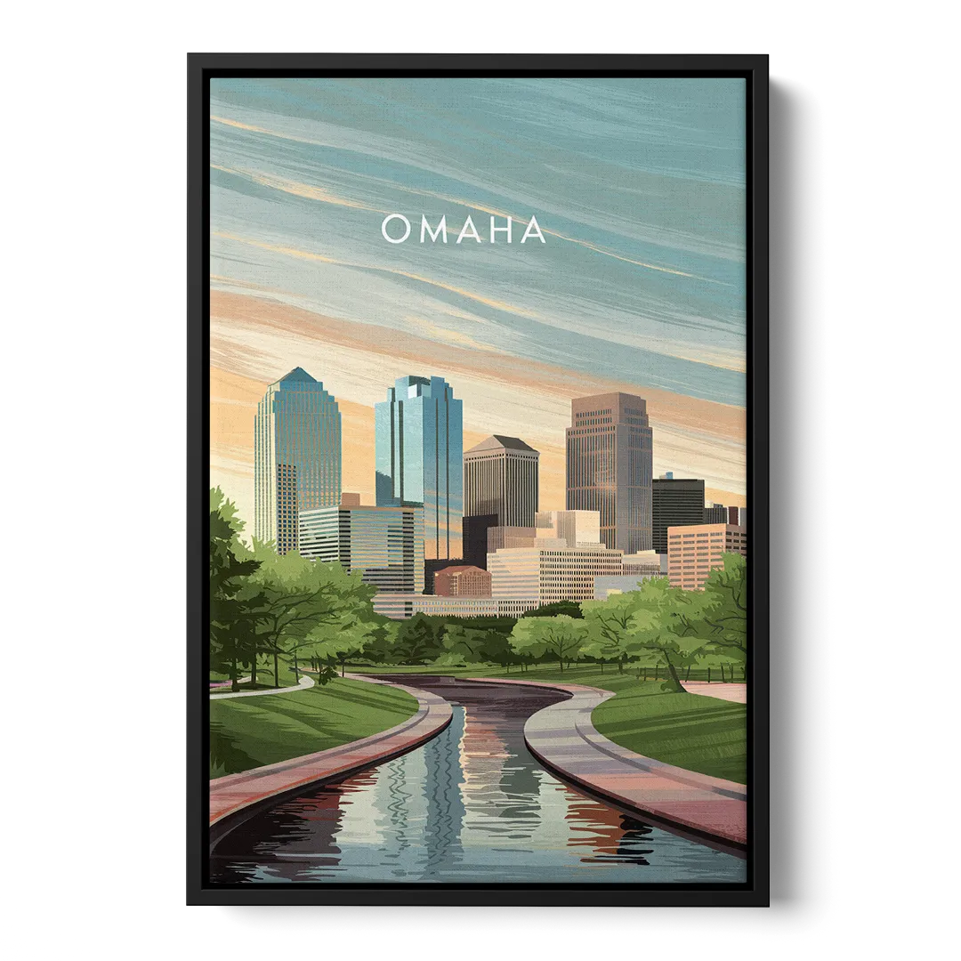 Omaha Downtown View - Black Frame Canvas
