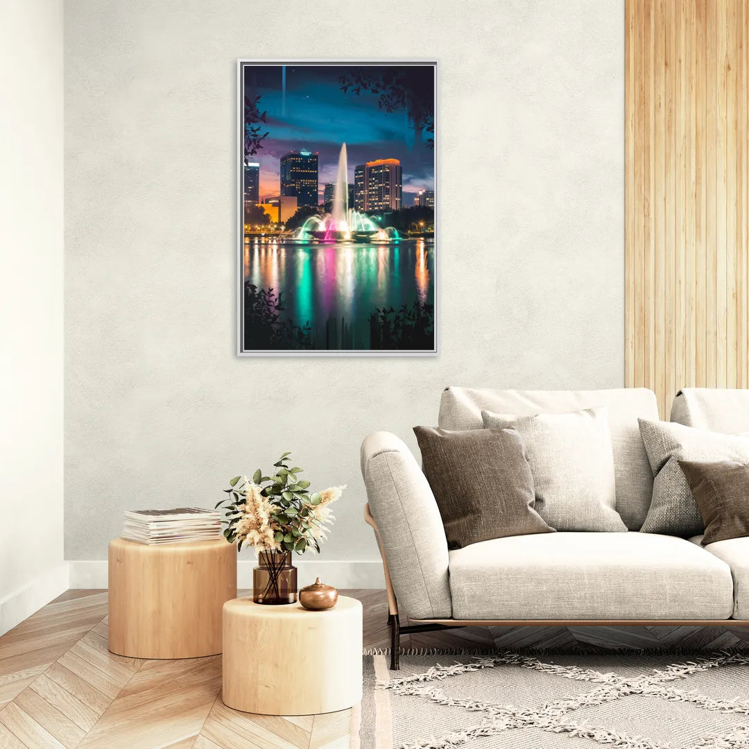 Orlando Downtown Night Lights - Living Room White Frame Canvas