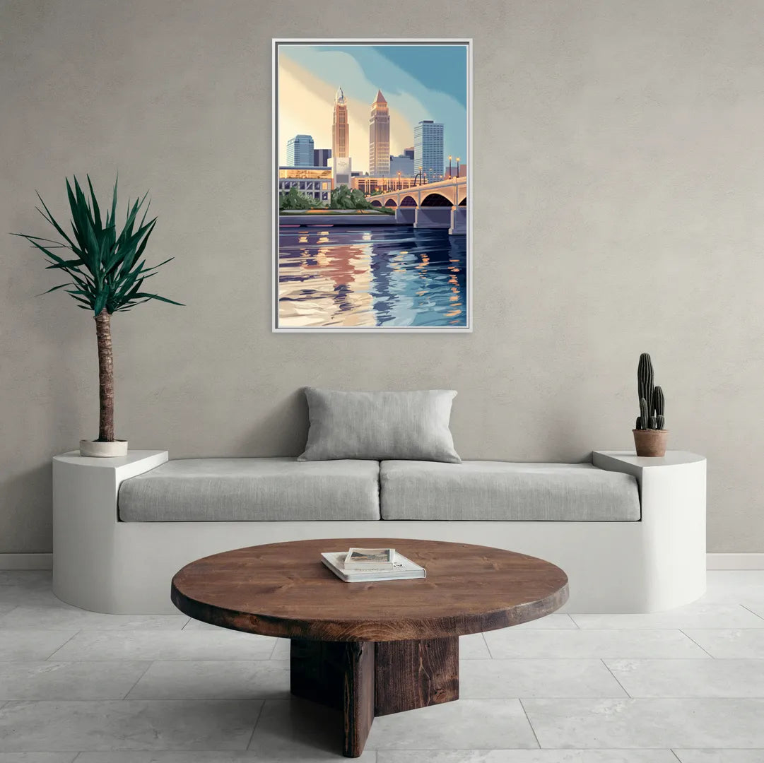 Cleveland Waterfront Views - Living Room White Frame Canvas