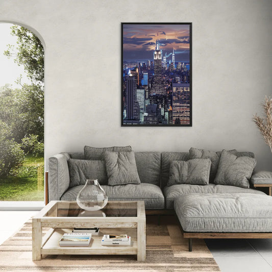 New York City Night Blue Lights Skyline - Living Room Black Frame Canvas