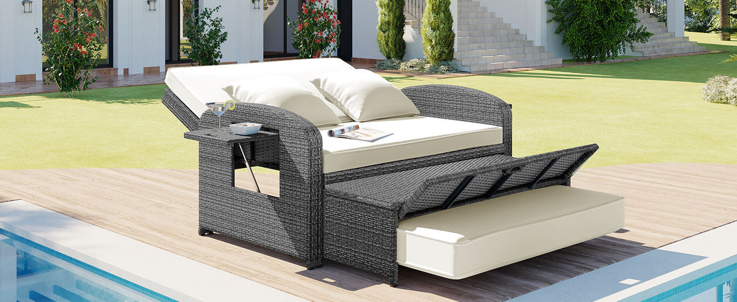 Elegant PE Wicker Double Chaise Lounge - 2-Person Patio Daybed with Recliner