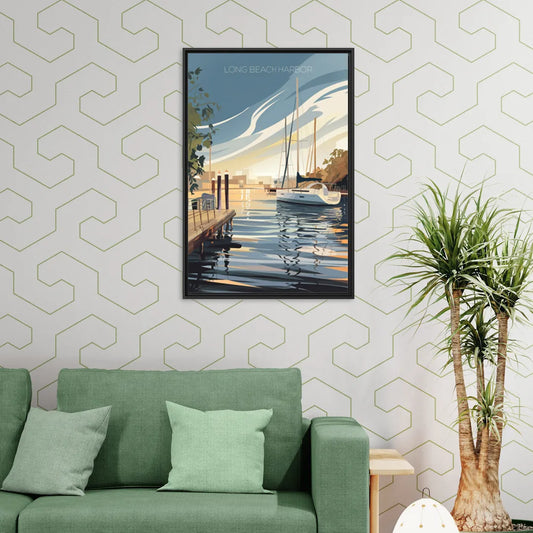 Long Beach Harbor and Sailboats - Living Room Black Frame Canvas