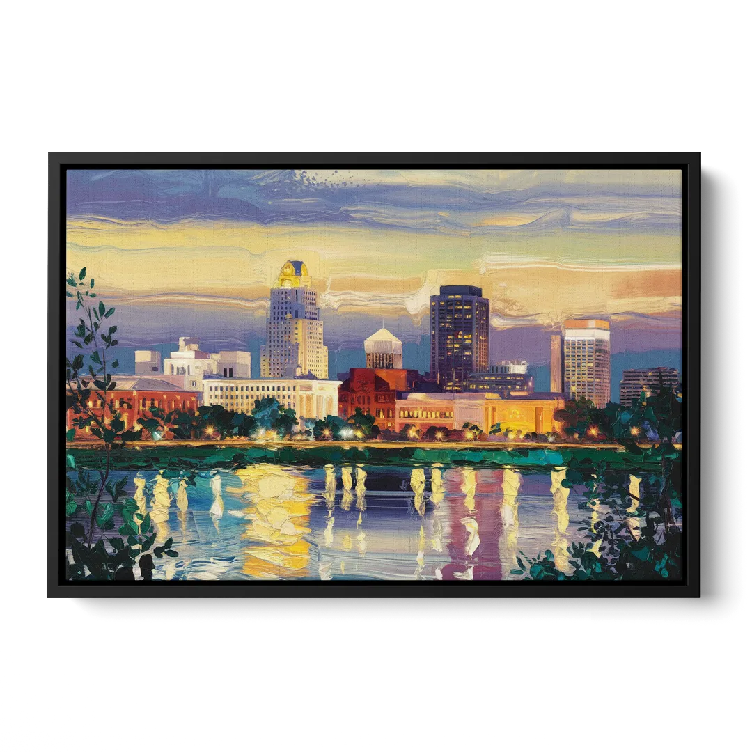 Greensboro Cityscape Panorama - Black Frame Canvas