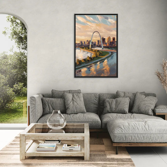 St. Louis Downtown Aerial View - Living Room Black Frame Canvas
