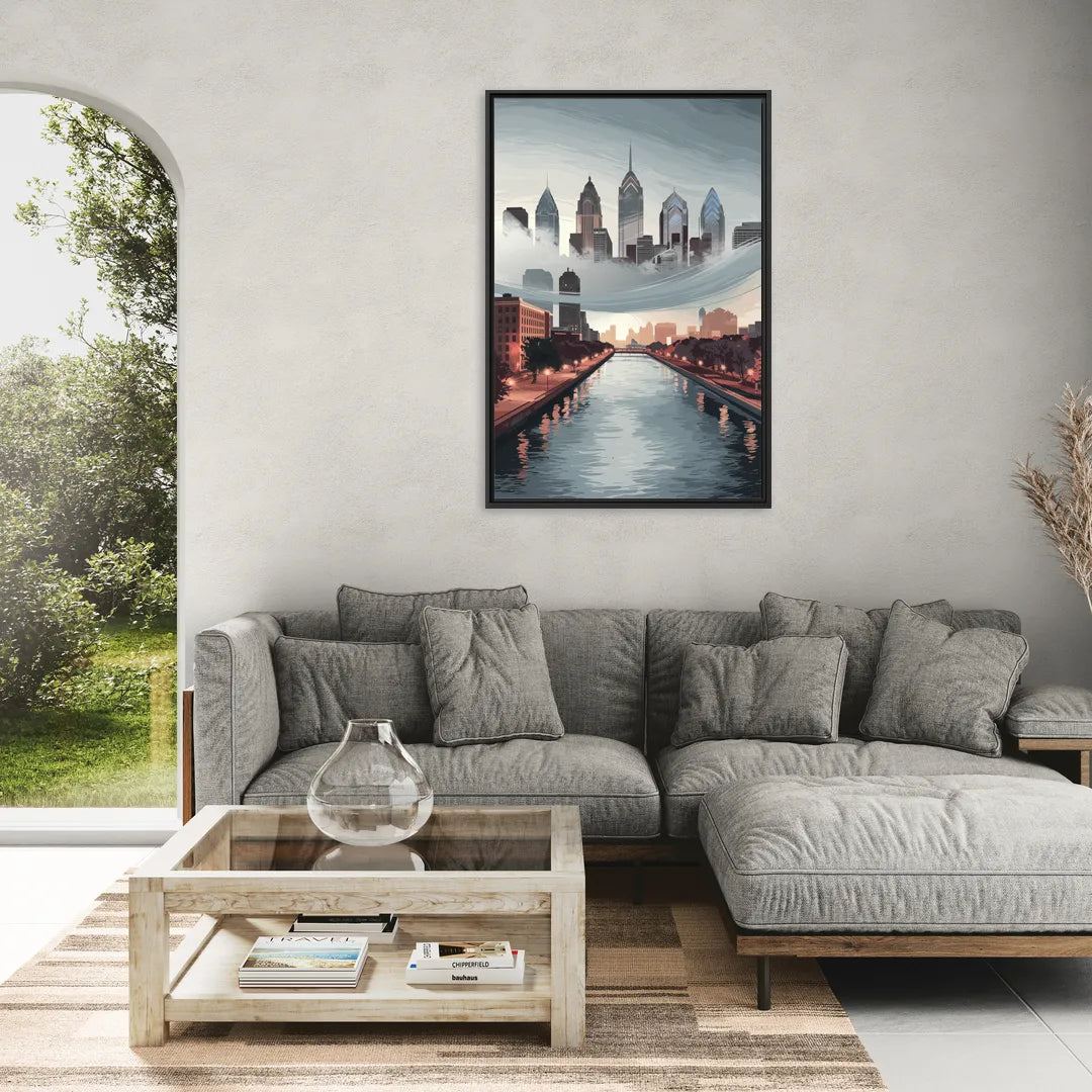 Philadelphia Skyline in Fog - Living Room Black Frame Canvas