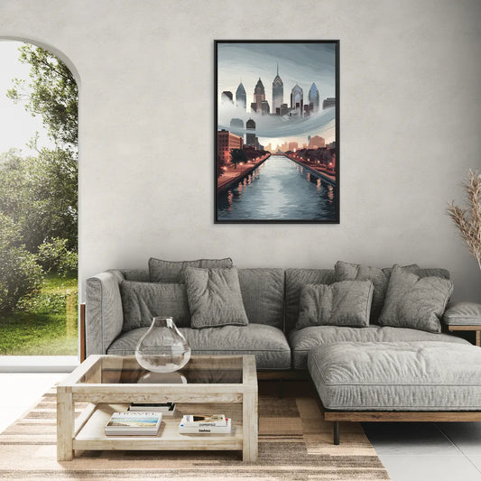 Philadelphia Skyline in Fog - Living Room Black Frame Canvas