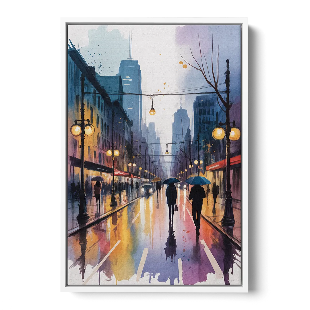 Montreal Evening Street Lights - White Frame Canvas