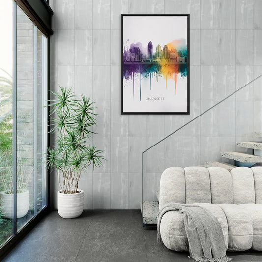 Charlotte Cityscape in Watercolor - Living Room Black Frame Canvas