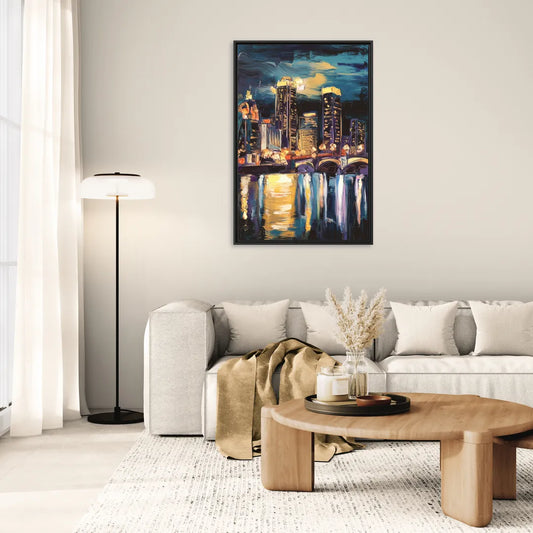 Grand Rapids Nighttime Skyline Glow - Living Room Black Frame Canvas